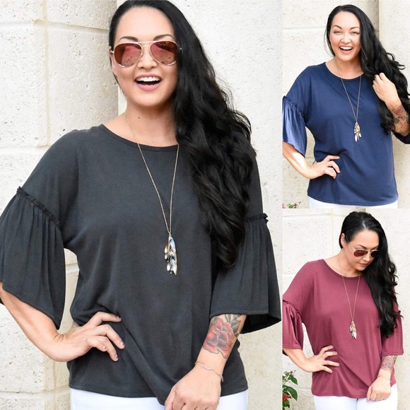 Soft Wine Bell Sleeve Basic Tee - Picture 4 of 4